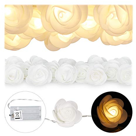 Relaxdays 10 x Rosen Lichterkette, 20er LED Lichterkette Batterie, Hochzeit, Verlobung & Valentinstag, warmweiß, Deko, weiß