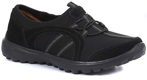 Pavers Ladies Lightweight Slip-On Trainers in Black with Vibrant Stripe Design & Memory Foam Insole - Premium Comfort Female Footwear - UK 8 / EU 41