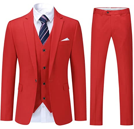 YOUTHUP Herr 3-delad kostym formell business slim fit kostymer 1 knapp solid blazer väst byxor, Red, M