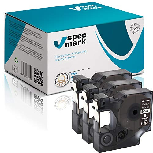 specmark Compatible avec DYMO D1 45021 S0720560 Lot de 3 rubans 12 mm x 7 m Blanc sur noir Compatible avec LM Label-Manager LP Label-Point LW Label-Writer DUO