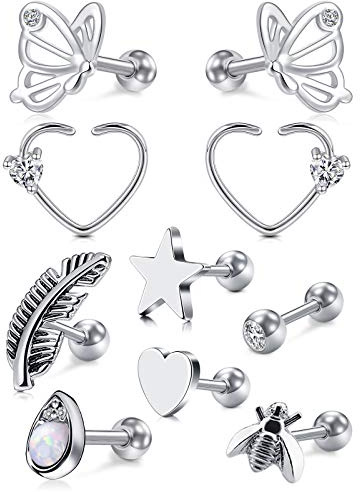 Funseedrr 10stk Tragus Helix Piercing Ohrring Stecker Chirurgenstahl 16G 6mm 8mm Ohrpiercing Knorpel Daith Conch Rook Piercing Schmuck Silber