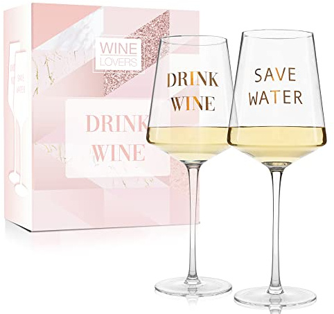 ILP GMBH I LOVE PRODUCTS Weingläser Save Water Drink Wine 750 ml Stiel | 2er Set Weingläser mit Stiel und Goldaufdruck, in Geschenkverpackung Rosa-Gold, Geschenk für Weinliebhaber und Paare