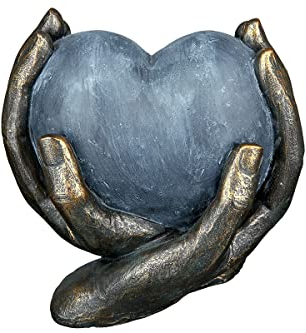 Casablanca Scultura decorativa a forma di cuore in mani, in poli, regalo di compleanno, Natale, decorazione per soggiorno, colore: bronzo grigio, altezza 15 cm