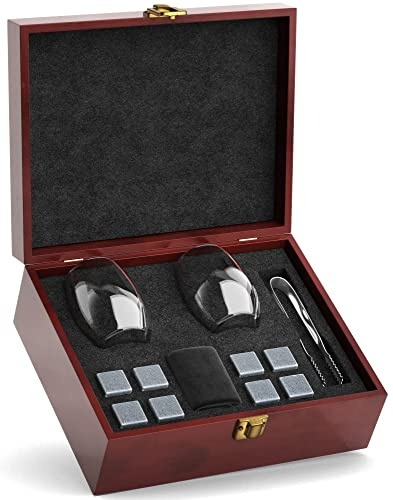 Premium Chill Rocks Whiskey Gift Set - Whisky Scotch Chilling Stones - 2 Glasses + 8 Beverage Cooling Soapstones + Stainless Steel Tongs + Velvet Storage Pouch – Luxury Wooden Gift Box - Men’s Gift