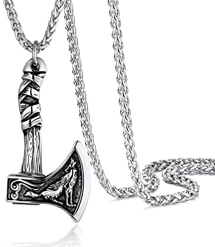 PROSTEEL Colgante Hacha de Thor Odin Lobo Fenrir, Viking Axe Hacha Nordica con Cadena 55cm Largo Tono Plata
