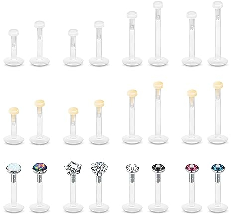 MixPiercing 24Stk Bioflex Labret Ashley Lippenpiercing Kunststoff Piercing Stecker Plastik für Medusa Helix Lippe für Push fit Durchsichtig Stab Stablänge 6mm 8mm 10mm 12mm (1,2mm)