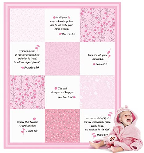 Oudain Christian Baby Blankets with Bible Verses Scripture Flowers Paisley Baby Receiving Baptism Blanket Christian Christening Gifts for Newborn Kids, 30 x 40 Inch(Pink)
