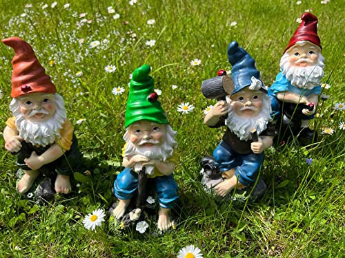 Geschenk-Himmel 4er-Set Gartenzwerge 22 cm – Lustige Dekofiguren für Garten, Balkon & Haus – wetterfest & farbenfroh – mit Werkzeug & Marienkäfer ‍