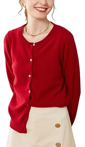 Valin Damen Kaschmir&Wolle Strickjacke Rot Rundhals Langarm Cardigan Einfarbige Relaxed Dünner Kaschmir Strickjacke,44,VSP1201