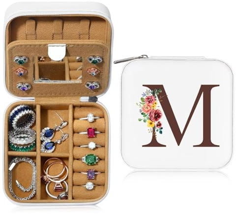 TINGN Kleine Schmuckschatulle mit Anfangsbuchstaben M und Blume Initiale Schmuckkästchen Travel Organizer Box Geschenke für Damen Mädchen Geschenke für Weihnachten Geburtstage Hochzeit