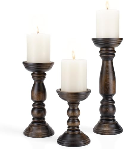 Farmhouse Kerzenhalter aus Holz für Stumpenkerzen, 3 Stück, Kerzenhalter aus Rusitc Holz, Tischdekoration, 30,5 cm, 22,9 cm, 15,2 cm, Vintage-Kerzenständer, dekorativ, Dunkelbraun