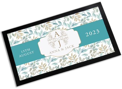 Artylicious Chemin de bar personnalisé pour mariage - Monogramme floral bleu - Décoration de table