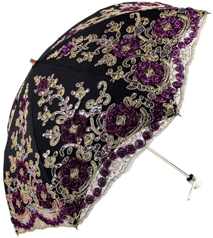 ihreesy Sonnenschirm für Damen, Taschenschirme UV-Schutz UPF 50+ Regenschirm 3D Blume Stickerei Winddicht Faltschirm Brautschirm Doppelstöckig Hochzeitsschirm Spitzenschirm mit 8 Rippen,Schwarz