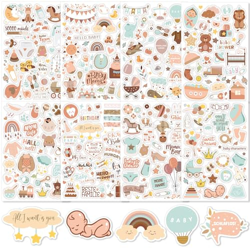 JANYUN 424 Stück Baby Sticker, 8 Blatt DIY Kinder Fotoalbum Aufkleber Braun für Kalender Scrapbook Party Deko