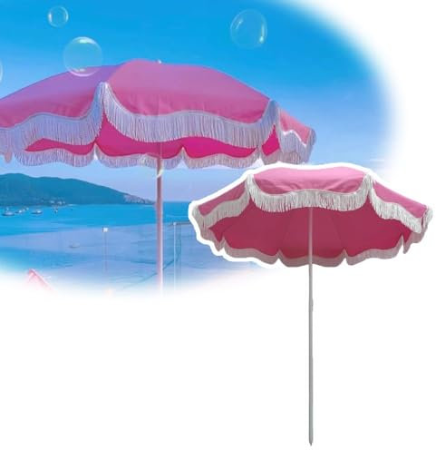 HAEKEBC Boho Strandschirm 180cm Fransen Sonnenschirm Rosa Terrassenschirm Sonnenschutz/Wasserabweisend Gartenschirm, Rund Marktschirm