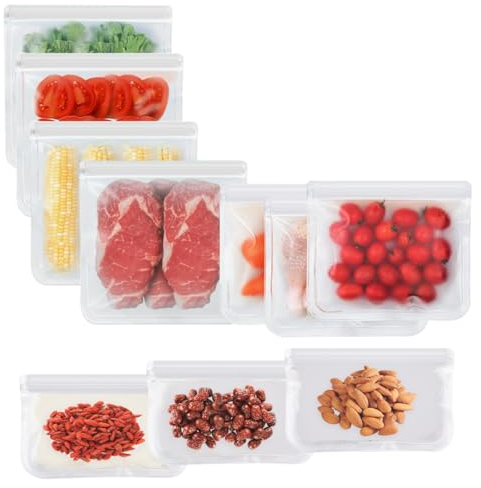 10 Stück Silikonbeutel wiederverwendbar, Design Zipper Lebensmittel-Beutel, Gefrierbeutel, Sandwichbeutel, PEVA Aufbewahrungsbeutel zum Aufbewahren von Gemüse, Milch, Snacks, Fleisch