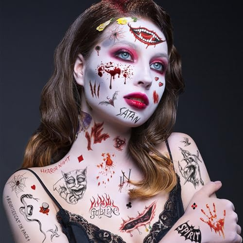 Halloween Tattoo,Temporäre Tattoos10 Blätter Halloween Tattoo Gesicht Narben Wunden Sticker Wasserdicht mit Gefälschten Scab Vampir Cosplay Party Zombie Makeup Accessoires Dekorationen Set