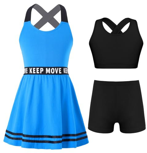 Miutii Mädchen Tennis Kleidung Tenniskleid mit Tank Tops Shorts Tennisanzug Golf Kleid Badminton Laufen Workout Sport Set Blau 122-128
