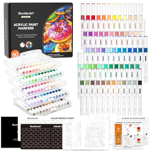Shuttle Art Automatic Ink Control Acrylic Paint Pens, 60 Colours Brush Tip Paint Marker Pens, Paint Pen for Rock Painting Ceramic, Wood, Fabric, Glass, Stone, Art Marker Pen Set for DIY & Art Supplies