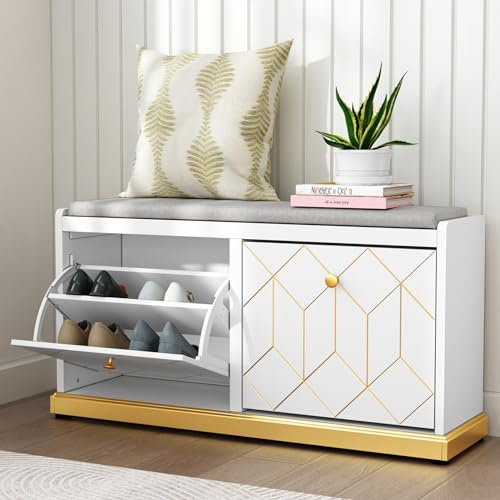 HOLTICO Shoe Bench Storage with Seat, Shoe Storage Cabinet for Entryway | White and Gold Shoe Storage Bench