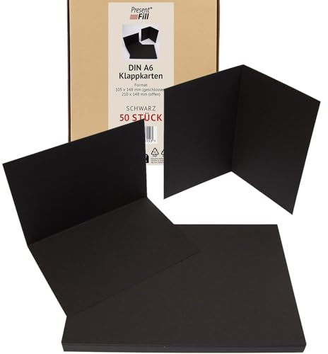 PresentFill Klappkarten blanko in Schwarz - 25 Faltkarten A6, Klappkarte ideal zum Karten selbst gestalten, beschriften oder bedrucken - passend für C6 Umschläge