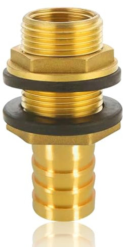 Messing Tankdurchführung mit Tülle, Regentonnendurchführung 3/4 Zoll Außengewinde x 1/2 Zoll Innengewinde mit Schlauchtülle 19mm Schlauchanschluß, für Regenfass, Wassertanks, Zisternen