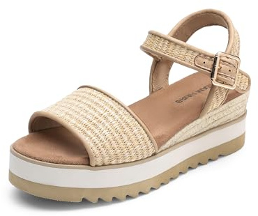 DREAM PAIRS Sandali con Zeppa e Plateau con Cinturino alla Caviglia e Fibbia a Punta Aperta da Donna,Size 38,Rafia Naturale,DWUMPS2504