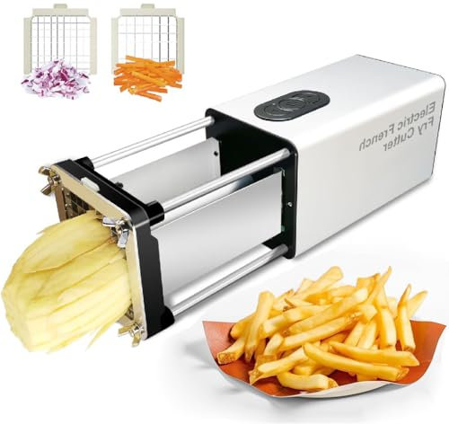 XUXIAO Coupe-Frites électrique, Coupe-Frites Vertical en Acier Inoxydable, Coupe-Pommes De Terre Automatique avec Lames en Acier Inoxydable De 1/2 Et 3/8 Pouces pour Concombres, Carottes,Silver