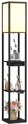 HOMCOM Stehlampe, Stehleuchte mit 3 Fächern, E27 Sockel, Weiß+Schwarz | Standlampe mit Stoff-Lampenschirm, USB-A, USB-C Anschlüssen, für Wohnzimmer, exkl. Glühbirne