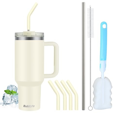 BuildLife Tasse thermique de 40 oz avec paille et poignée, en acier inoxydable isolé, double paroi, anti-fuite, sans BPA, passe au lave-vaisselle (couleur crème, 1200 millilitres)