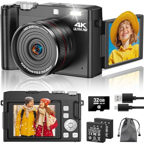 Digital Camera 4K 64MP Autofocus Vlogging Cameras with 32GB Card & Macro Function, 18X Digital Zoom Compact Camera with 2.8'' 180° Flip Screen & 2 Batteries for Teens Beginners Adults