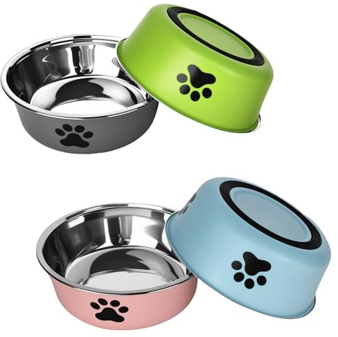 BSSMAI 4 stycken Hundskål Rostfritt stål, halkfri silikonbotten, matskål för små, medelstora och stora hundar, metall 900 ml för mat och vatten (grön, grå, blå, rosa)