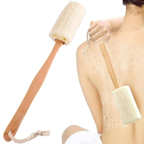 Caucho de espalda de esponja vegetal natural, pelado, cepillo de baño de luffah en un palo, mango largo, esponja de goma esponja de esponja de respaldo en un palo, 36 cm, mango de madera, esponja para