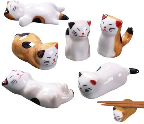 Dinner Spoon Stand, 6pcs Lucky Cat Holder Set for Spoons, Ceramic Forks, Chopsticks, and Brushes, Multi-Functional Kitchen Table Accessories, Cute Utensil Rests, 5.71x5.71x1.57 Inches
