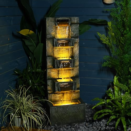 Sunlinua 41.1 Garden Water Fountain Outdoor – 5-Tier Modern Cascading Resin Waterfall Fountain with LED Light, Mossy Stone Look, Floor-Standing Outdoor Water Feature for Patio, Yard, Deck, Home Décor