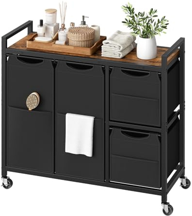 HOOBRO Laundry Sorter with 4 Section, 34 Gal. (127 L) Laundry Hamper with Wheels, Rolling Laundry Basket with Shelf, Pull-Out Detachable Bags, Side Pockets, Rustic Brown and Black BF14XY01N1