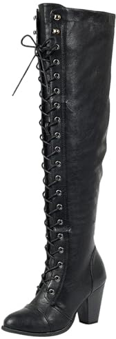 Forever Women's Chunky Heel Lace Up Over-The-Knee High Riding Boots,BLK PU,9