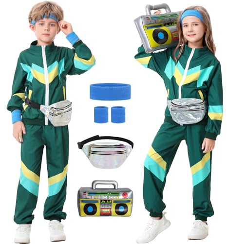 Ezuwail Traje deportivo para niños de los años 80 y 90 para niños y niñas, 6 piezas, unisex, retro, cortavientos, entrenamiento, hip hop, disfraz de baile