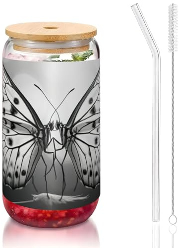 DUWAA Vasos de vidrio con tapa de bambú y pajita de vidrio, diseño de mariposa y blanco y negro, vasos de cerveza de 16 onzas