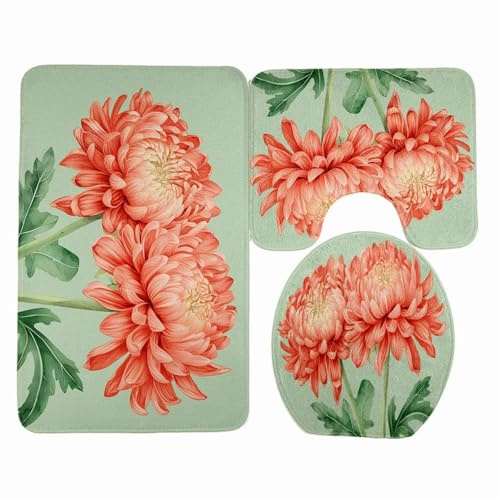 Tappeto Bagno Chrysanthemum Arancione Tappeti Bagno Set 3 Pezzi Antiscivolo Contorno WC Tappetino Assorbente Doccia Lavabile Copertura per Il Coperchio del WC 45x75 cm