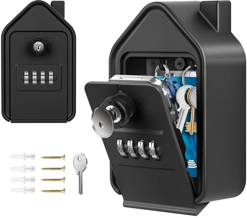 JUYANO Boite a Clef, Grande Boite a Clefs Securisee Exterieur avec 4 Code & Clés d'urgence Boîte à Clés Murale en Alliage D'aluminium pour L'école de Garage à Domicile Airbnb (Noir)