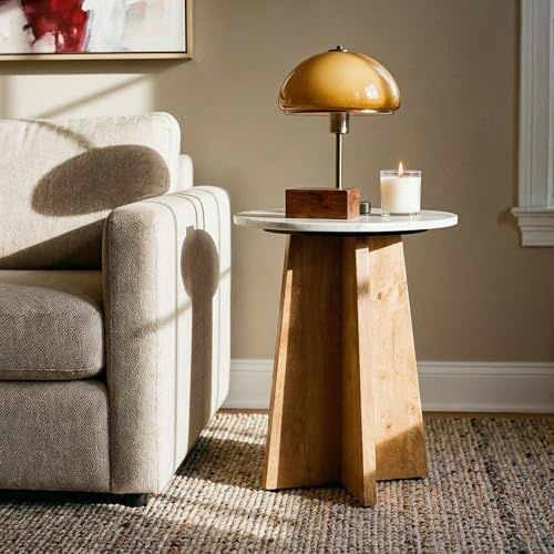 KERALA Beistelltisch mit Tischplatte aus Marmor, 40 cm, Weiß/Natur - Runder Wohnzimmertisch aus massivem Mangoholz, Couchtisch mit eleganter Silhouette, Ideal für Wohnzimmer, Schlafzimmer oder Flur