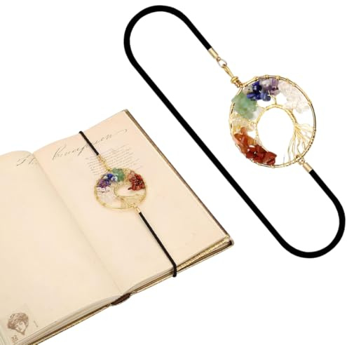 ZORVYN 1 pièce Marque-page élastique Chakra Cristal Pierre de guérison Métal vintage Marque-page artisanal Cristal Porte-bonheur pour amateurs de livres, journaux reliés et carnets