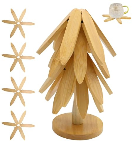 Hoypeyfiy Natürliche Holzfarbe Weihnachtsbaum Topfuntersetzer Set mit 4 Topfuntersetzer Holz und 1 Ständer, Geeignet für Küchen, Esszimmer und Familienfeiern