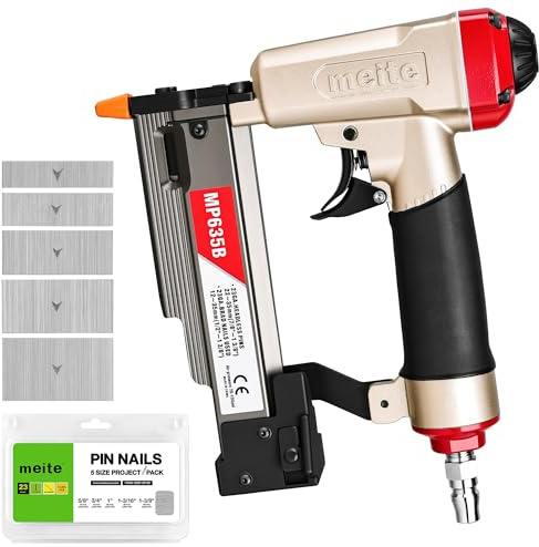 meite MP635B Compressed Air Pin Nailer with 23 Gauge 10,000 Pieces Pin Nails (15mm, 19mm, 25mm, 30mm, 35mm), Pneumatic 23 Gauge Pin Nailer, Fits 12-35 mm Pin Nails, Ideal for Paneling, Small Trim
