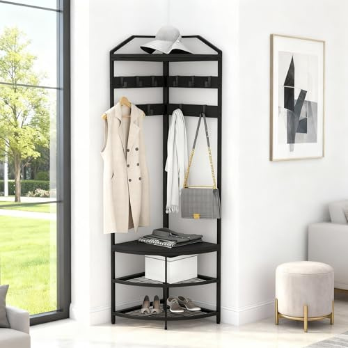 Eckgarderobe aus Metall, Garderoben, Schuhständer, Freistehender Kleiderständer mit 6 Beweglichen Haken & Aufbewahrungsregal & Schuhregal für Schlafzimmer, Eingangsbereich, Büro, Flur, Schwarz