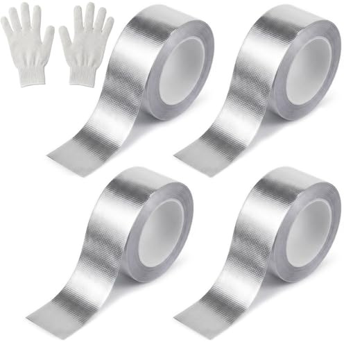 YDUDUM 4 Rolls Aluminum Foil Tape, 50mm x 80m Highly Adhesive Aluminium Tape and a Pair of Gloves Silver Heat Resistant High Temperature Foil Tapes for Duct Repair Use and other DIY Repair