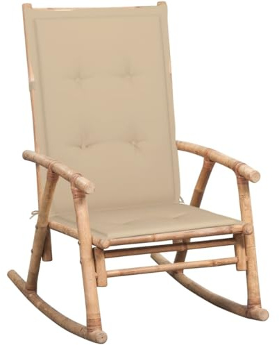 RCODSSK Sedia a dondolo in bambù con cuscino per giardino e terrazza, sedia a dondolo da esterni, in bambù con comodo cuscino