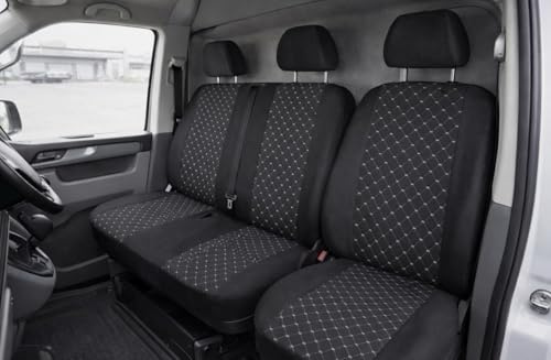 Generisch Sitzbezüge für VW T3 T4 T5 T6 3-Sitzer 1+2 Weiße Nähte - Schonbezüge für Fahrersitz und 2er Beifahrer Sitzbank - waschbare Stoff Sitzbezüge - universelle Passform - Verschiedene Nahtfarben