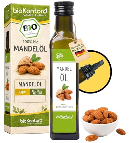 bioKontor – BIO Mandelöl 250ml – kaltgepresst & nativ | 100% naturrein – Mandel Öl in Rohkostqualität – deutsche Abfüllung – vielseitig für Küche, Salate & Hautpflege – aus Mandeln